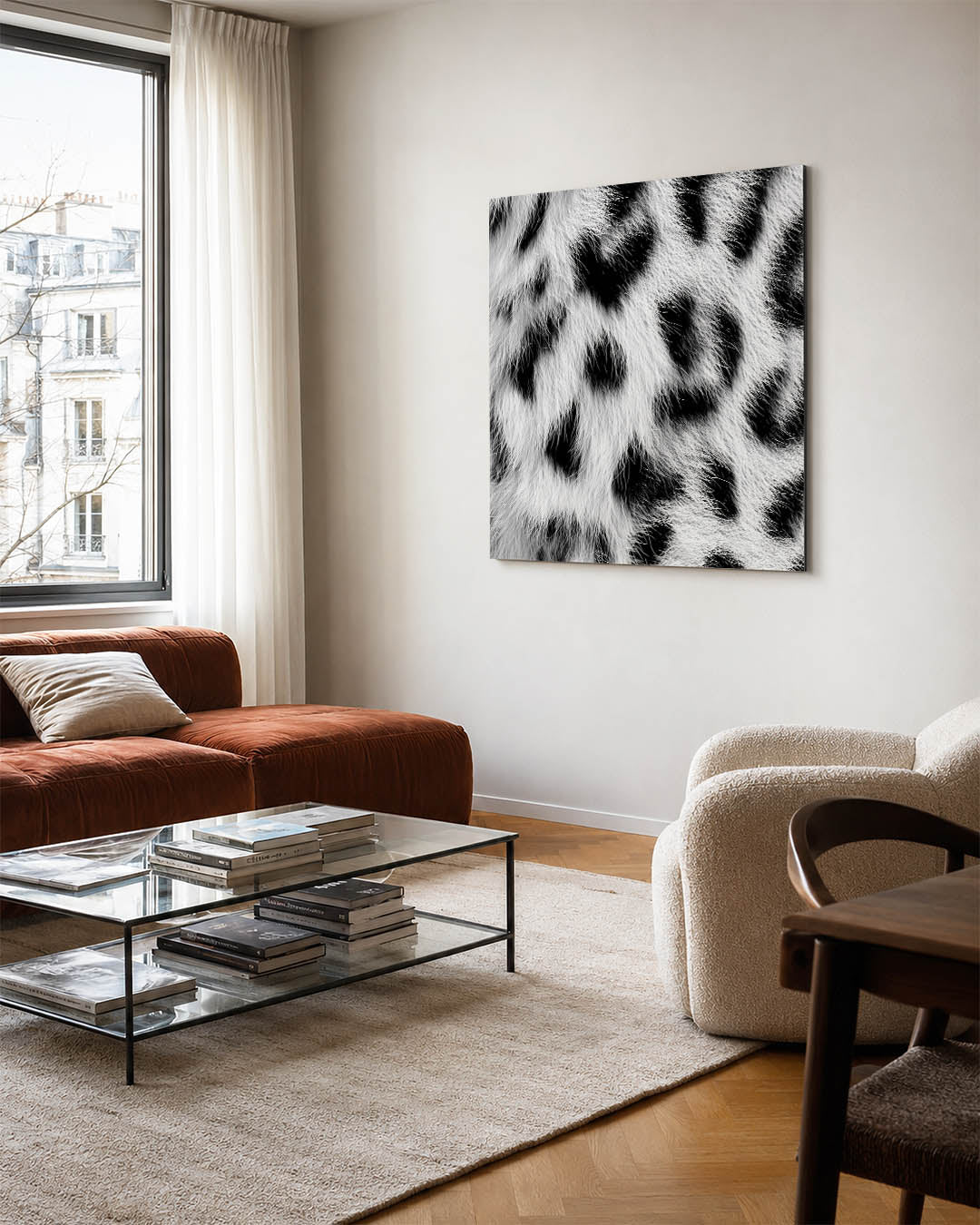 Dierlijke patronen kunstwerk – vierkante wanddecoratie – dit werk toont een dynamisch patroon van zwarte vlekken op een witte