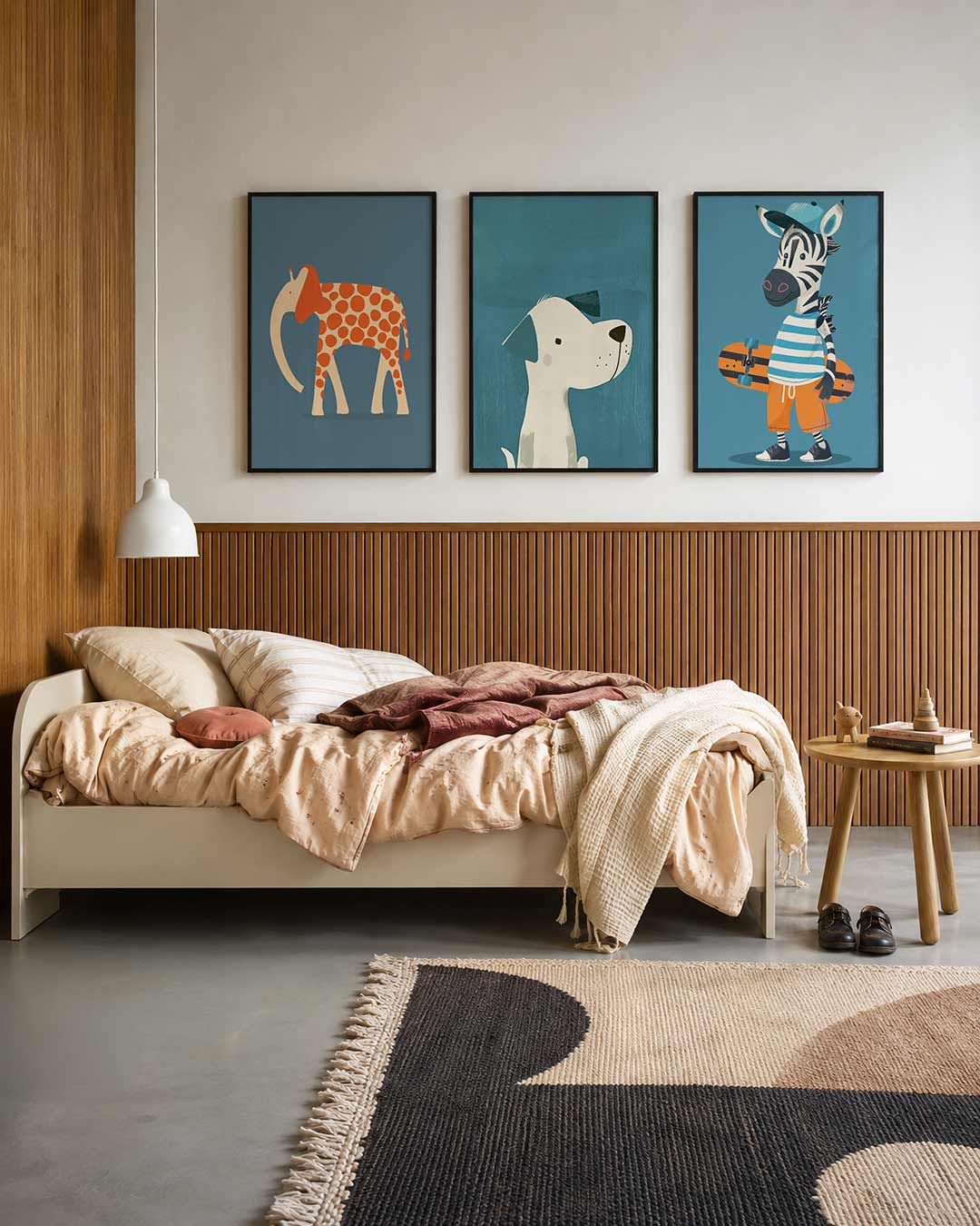 Vorm en kleur driedelige posterset – een speelse olifant met oranje vlekken op een blauwe