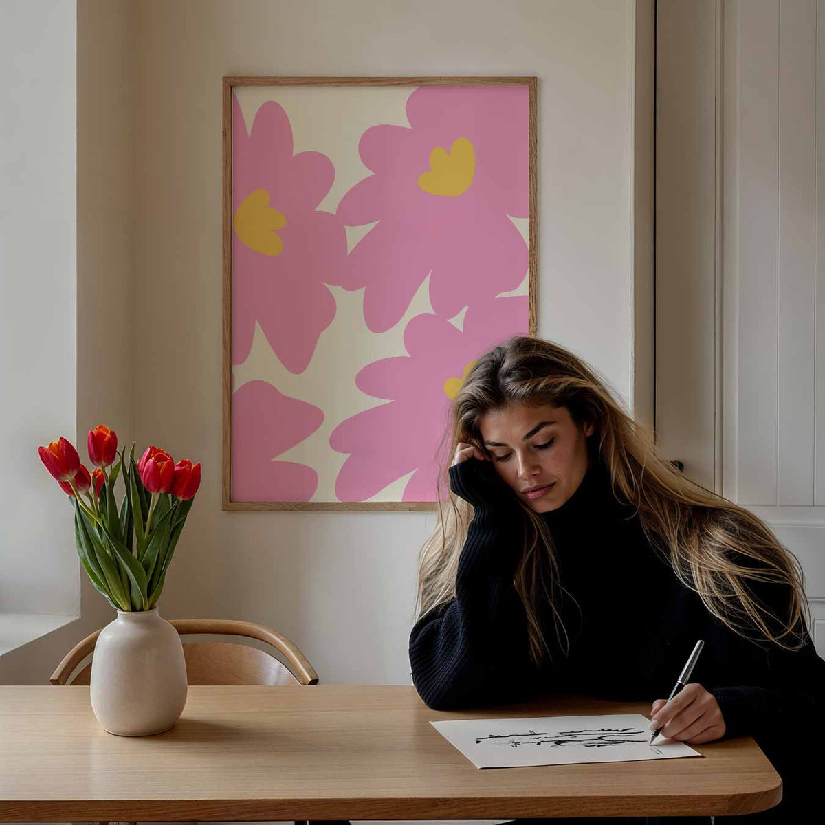 Roze Bloemen Abstract – bloemen poster als moderne staande wanddecoratie