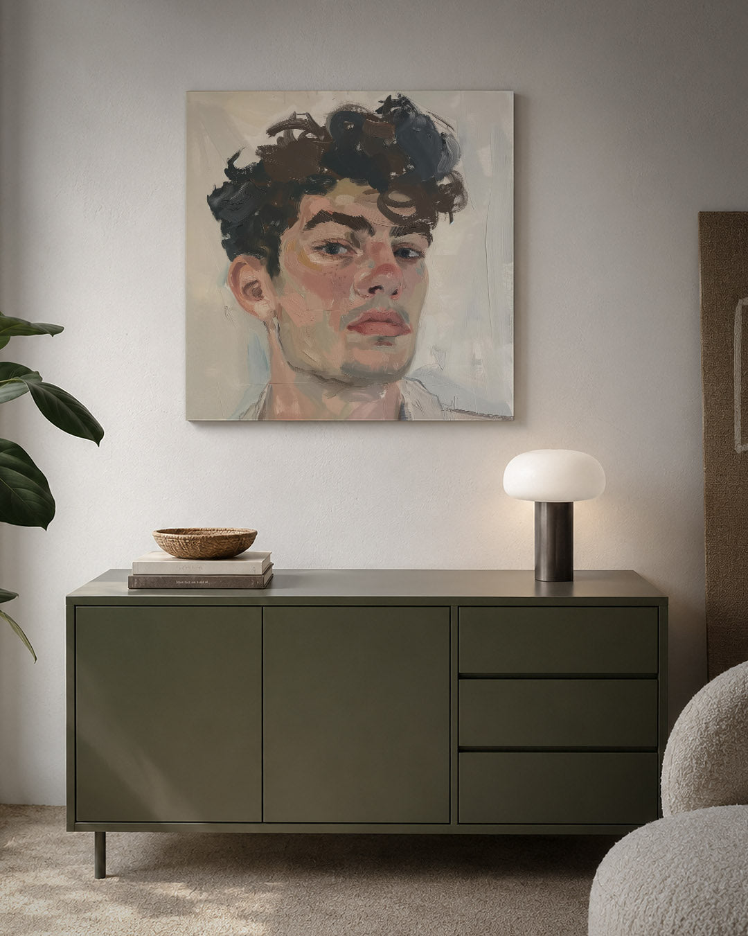 Portretstudie kunstwerk – detailweergave – dit werk toont een portret met vloeiende penseelstreken. De kleuren en lijnen