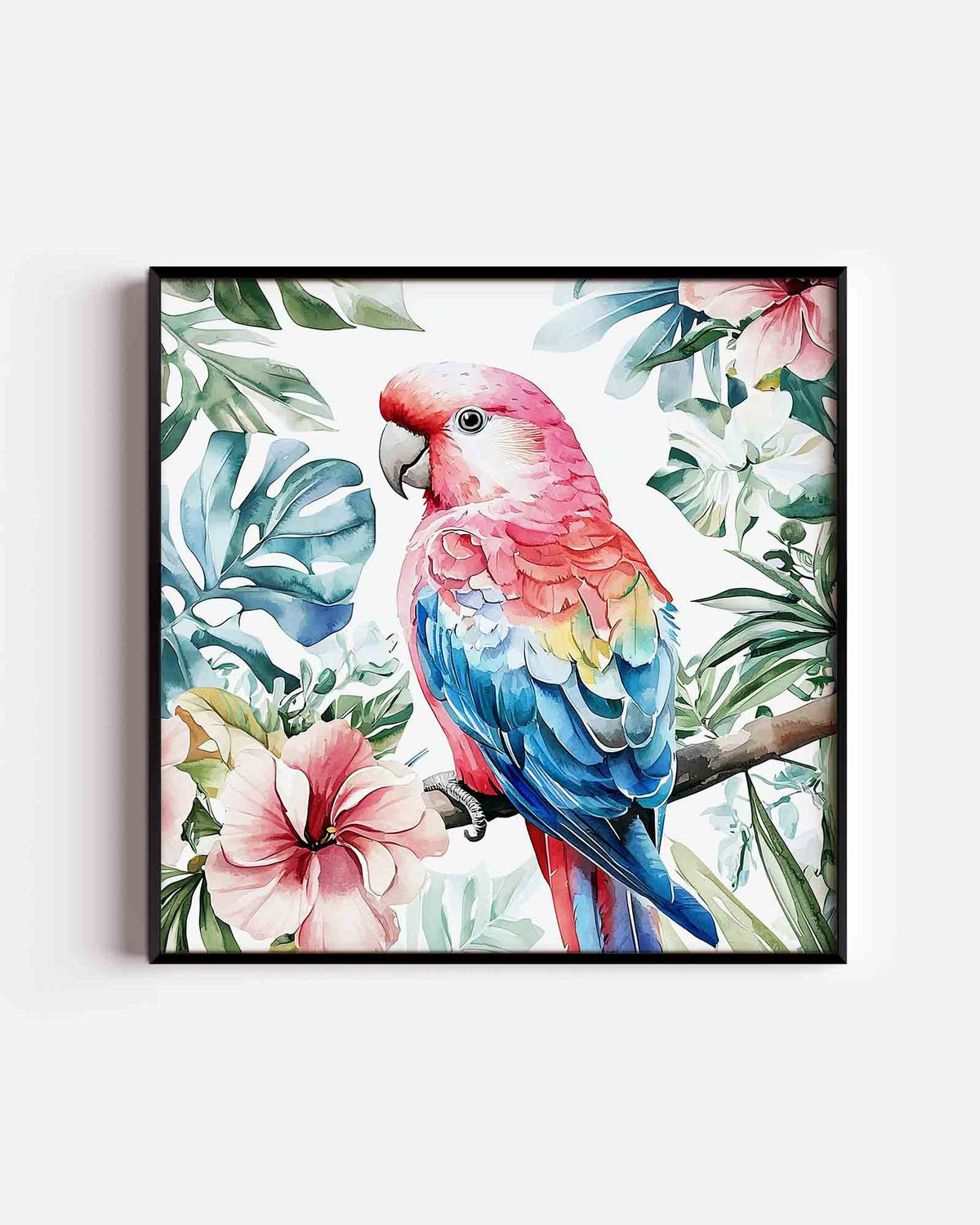 Papegaai en bloemen – vierkante dierenposter als wanddecoratie