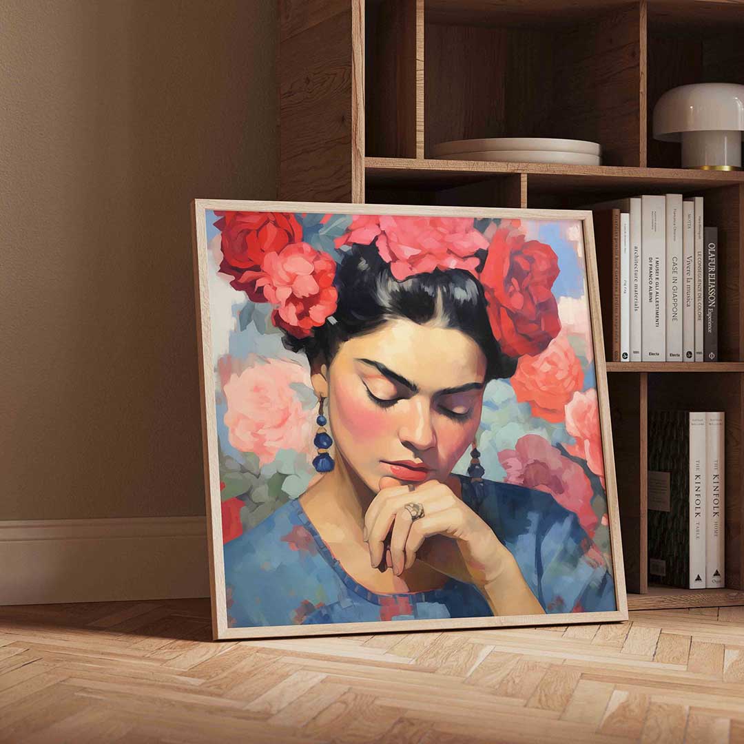 Vrouw met bloemen – vierkante portret wanddecoratie van WallArtistic