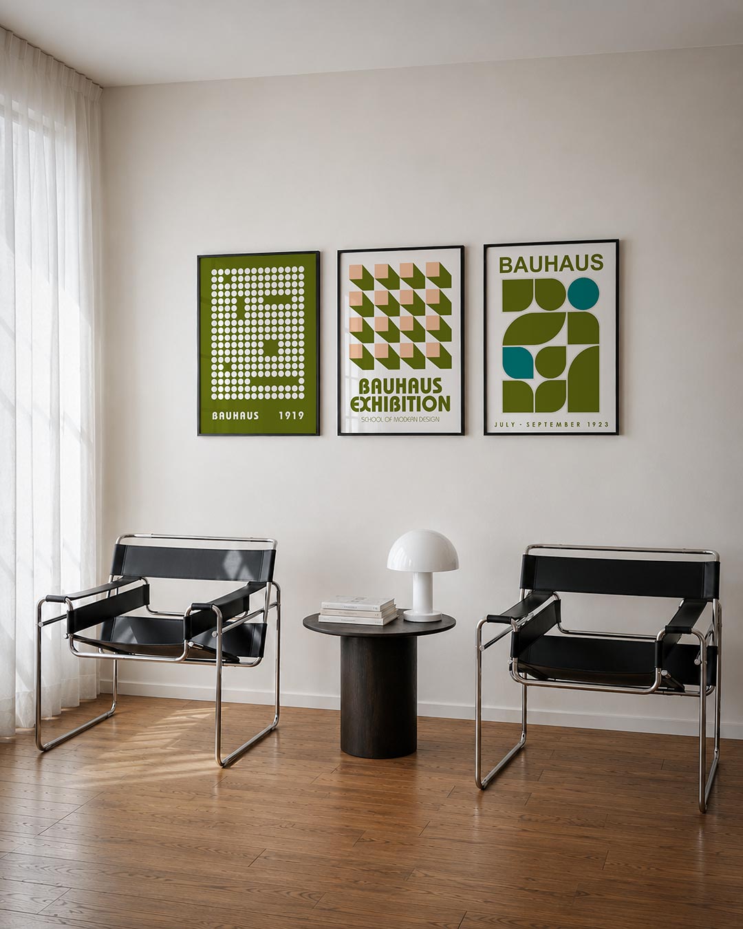 Cirkelpatroon ritme driedelige posterset – een speelse compositie van witte cirkels op een olijfgroene achtergrond. De