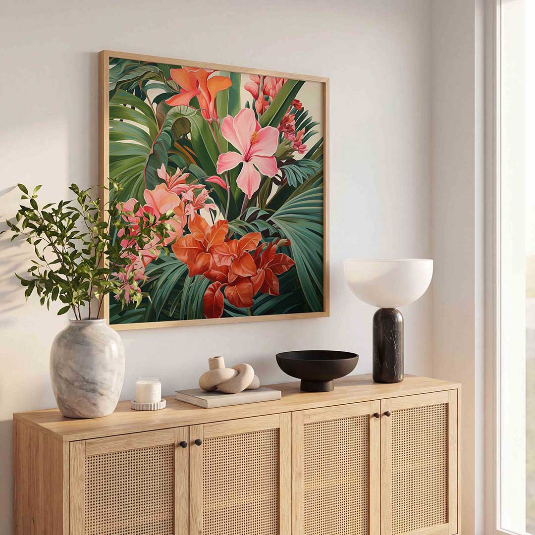 Bloemen en bladeren – tropische poster in vierkant formaat
