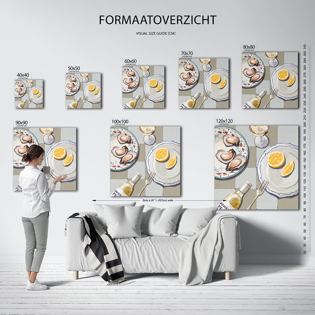 Eettafel compositie kunstwerk – sfeerbeeld – dit werk toont een sfeervolle eettafel met oesters, citroen en een glas wijn. De