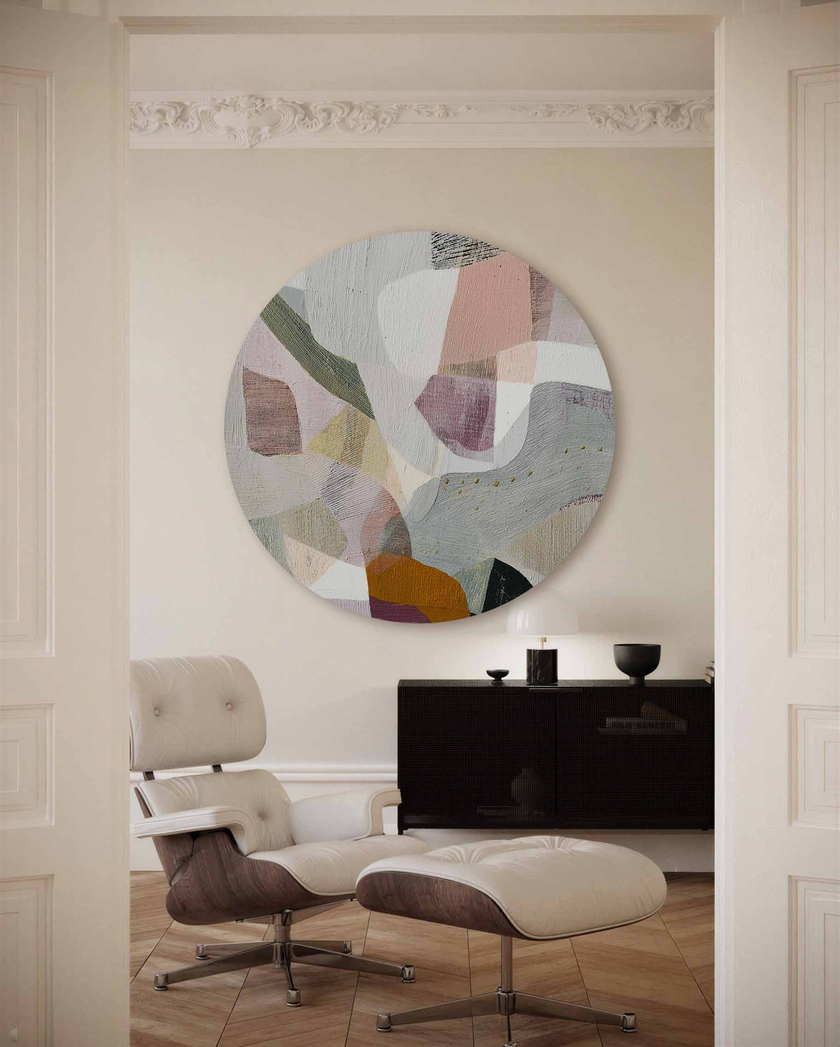 Abstracte vormen – portret muurcirkel als ronde muurdecoratie