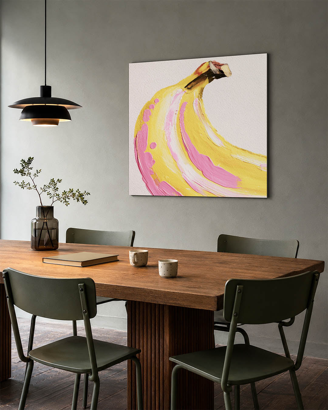 Banaan kunstwerk – tweede productweergave – dit werk toont een banaan in levendige penseelstreken. De kleuren roze en geel