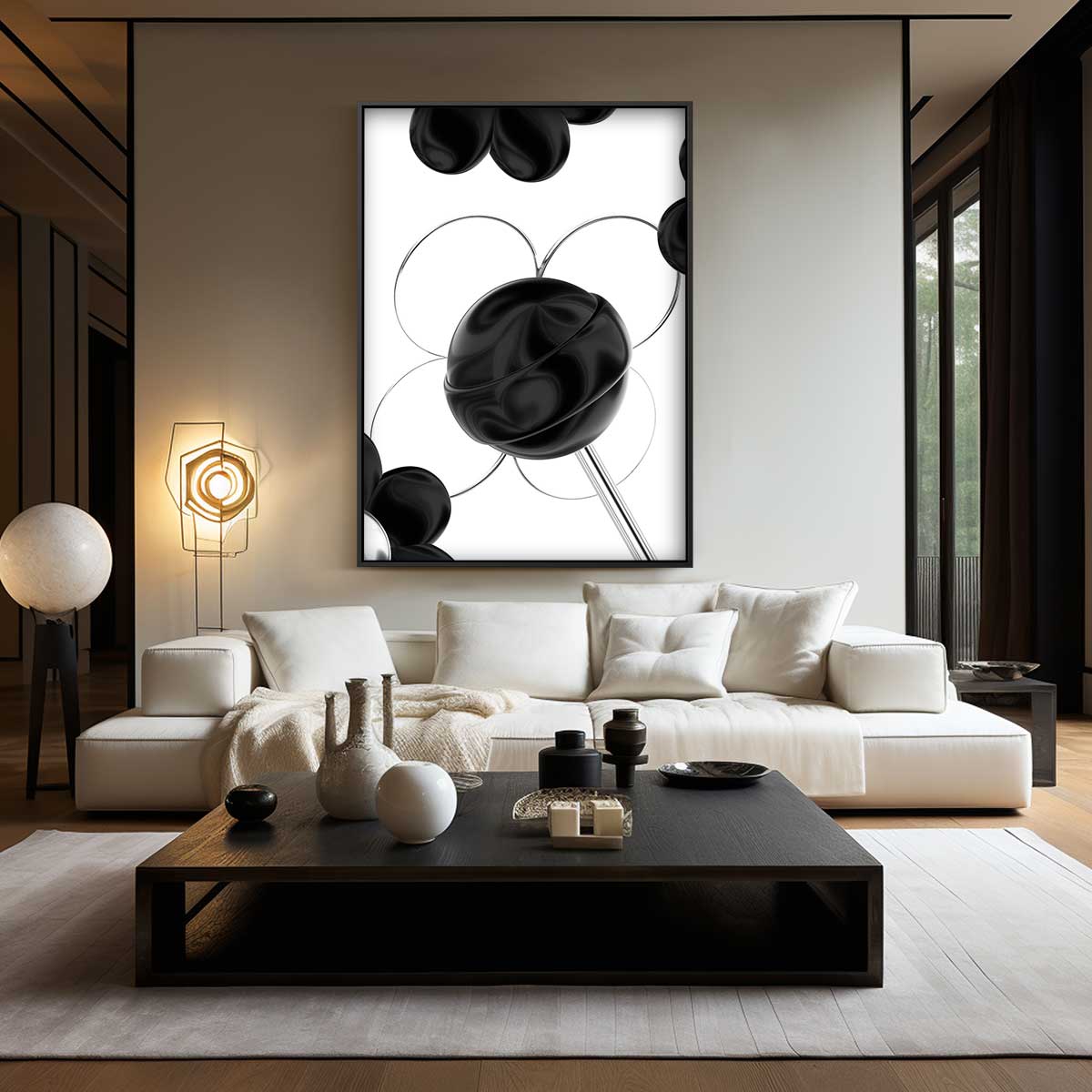 Zwarte Bloemsymfonie – plexiglas wanddecoratie in portret formaat