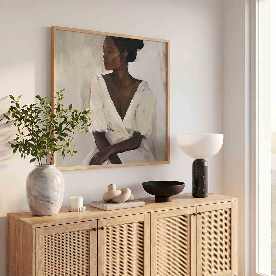 Vrouw in witte jurk – kunst en design poster in vierkant formaat