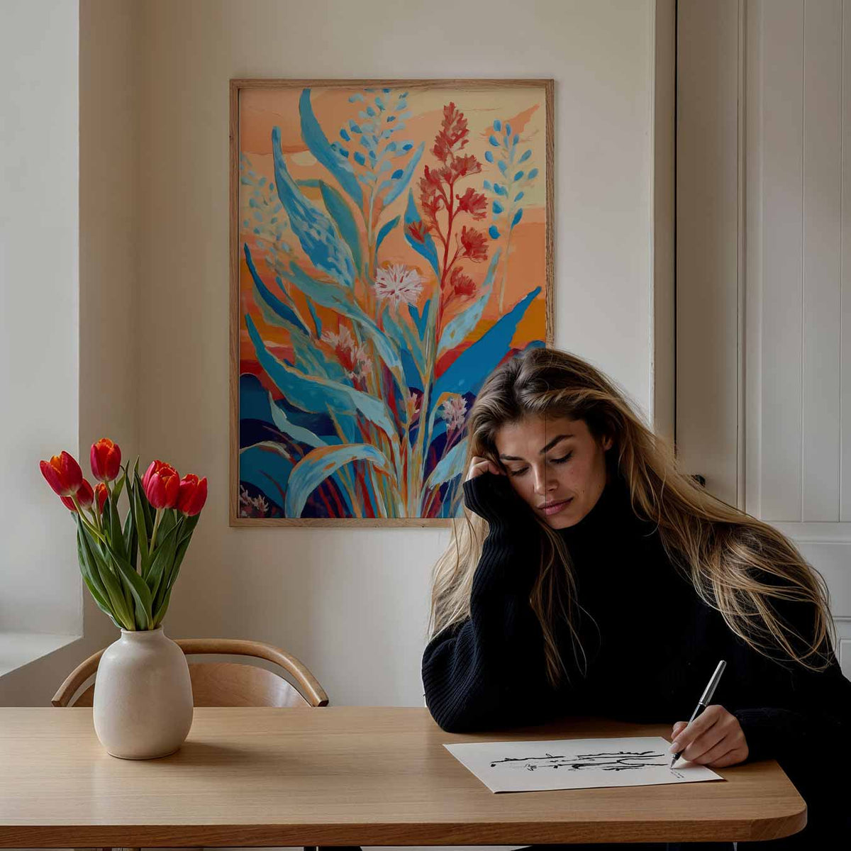 Kleurrijk Bloemenveld in Zonsondergang – bloemen poster als moderne staande wanddecoratie