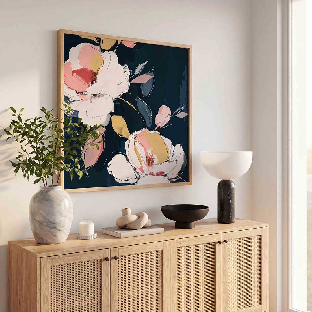 Bloemen op donkere achtergrond – illustratie poster in vierkant formaat