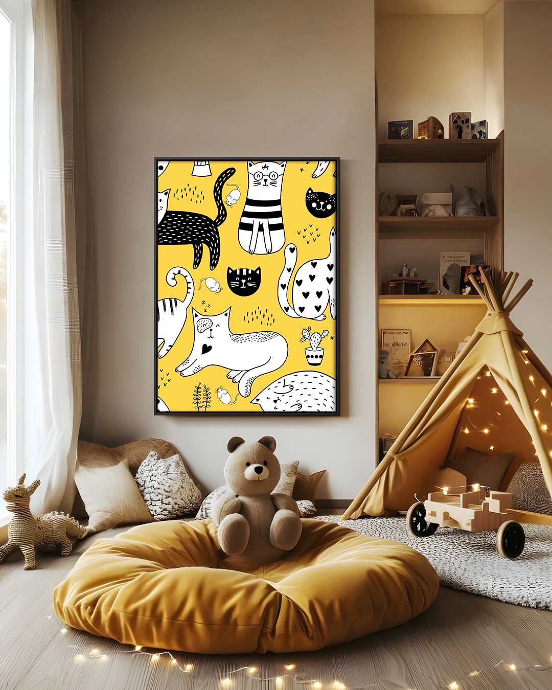 Speelse Katten Illustratie – canvas wanddecoratie in portret formaat