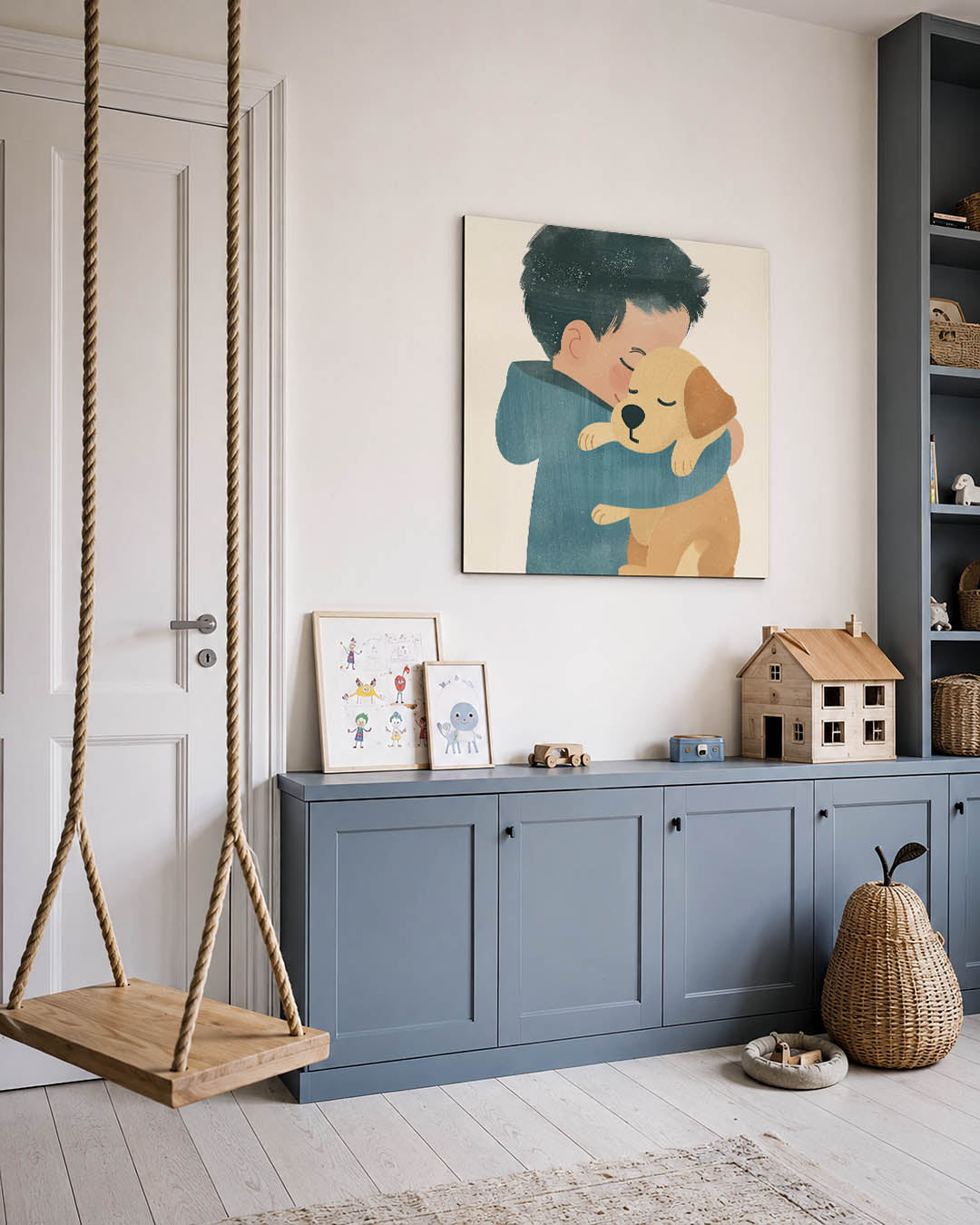 Knuffelende vrienden kunstwerk – vierkante wanddecoratie – dit kunstwerk toont een kind dat een hond omarmt. De zachte lijnen