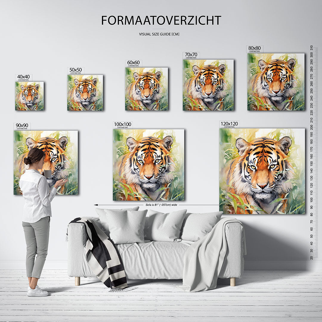Tijger in jungle kunstwerk – dit werk toont een tijger te midden van groene bladeren. De levendige kleuren en gedetailleerde