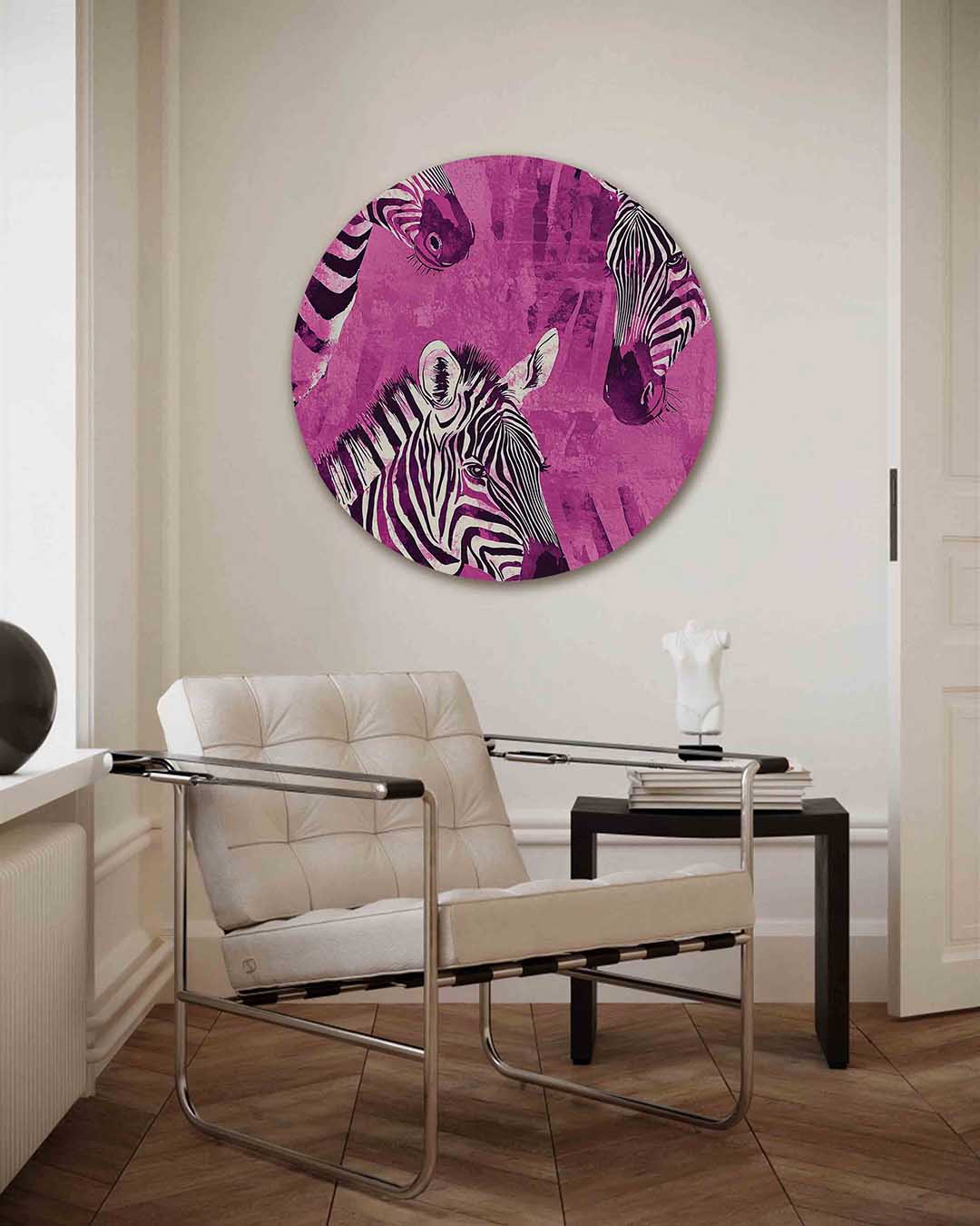 Zebra's op roze – kleurrijke illustratie muurcirkel als wanddecoratie