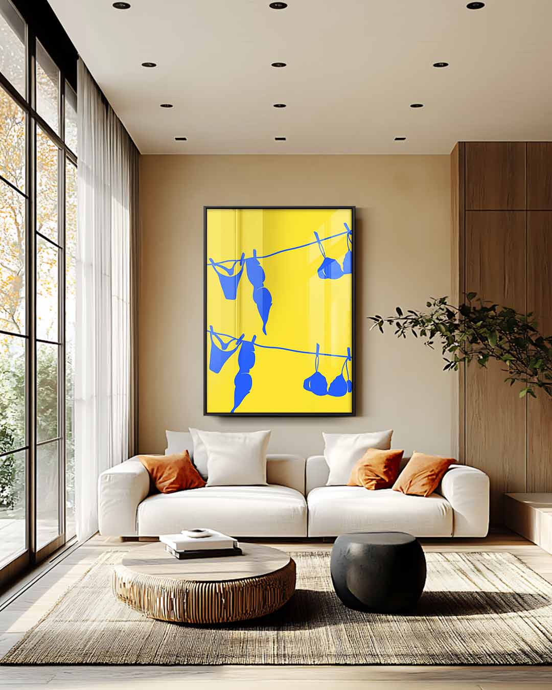 Blauw Wasgoed op Gele Draad – staande wandkunst voor woonkamer of interieur