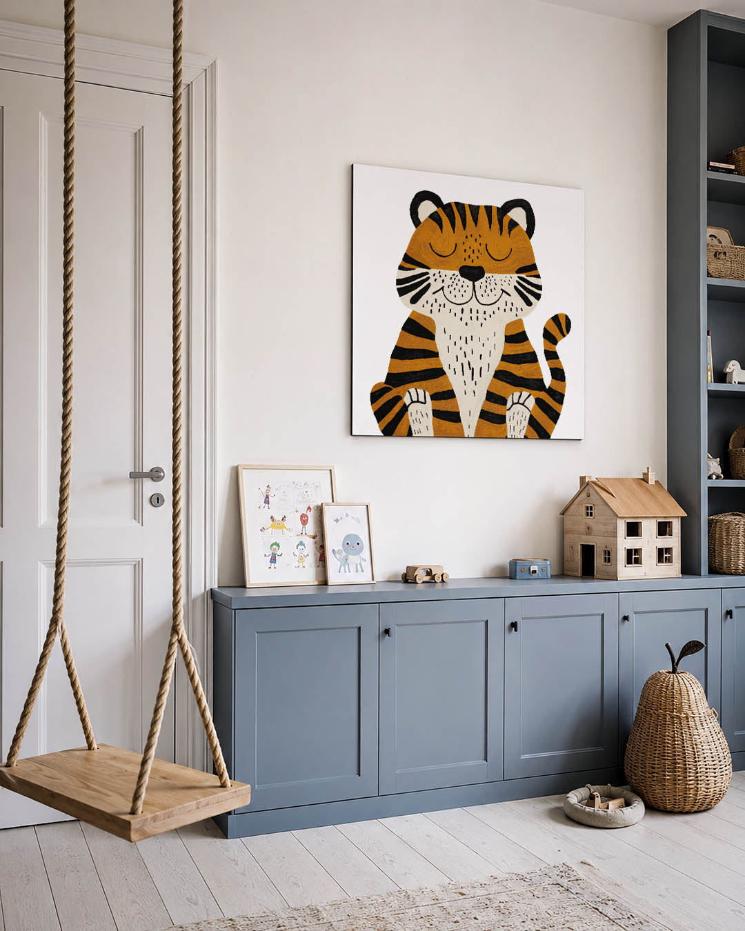 Vrolijke tijger illustratie kunstwerk – vierkante wanddecoratie – dit werk toont een vrolijke tijger met gesloten ogen. De