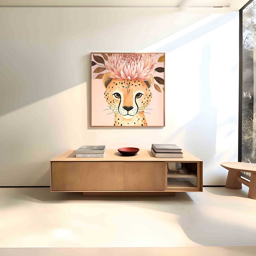 Luipaard met bloemen – vierkante dieren wanddecoratie van WallArtistic