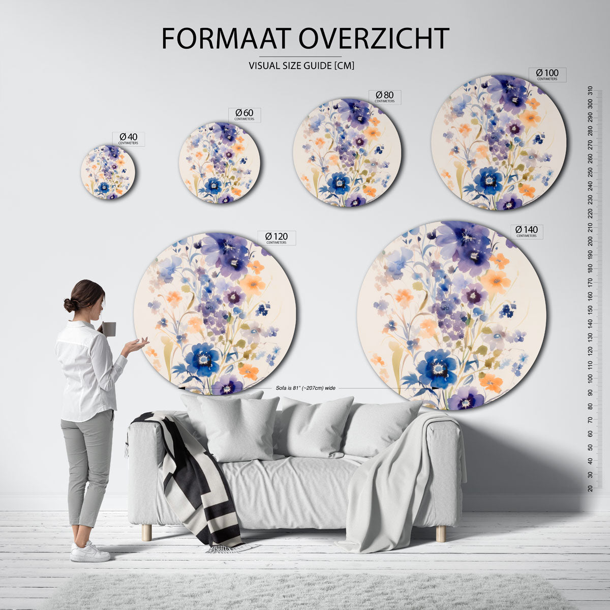 Bloemen in blauw en oranje – abstracte wandkunst met textuur als muurcirkel