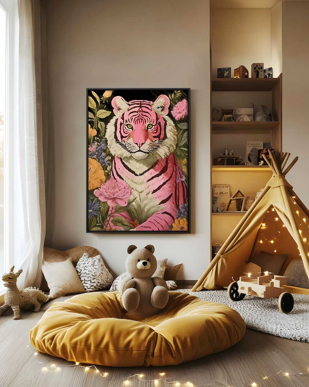 Roze Tijger in Bloemenzee – canvas wanddecoratie in portret formaat