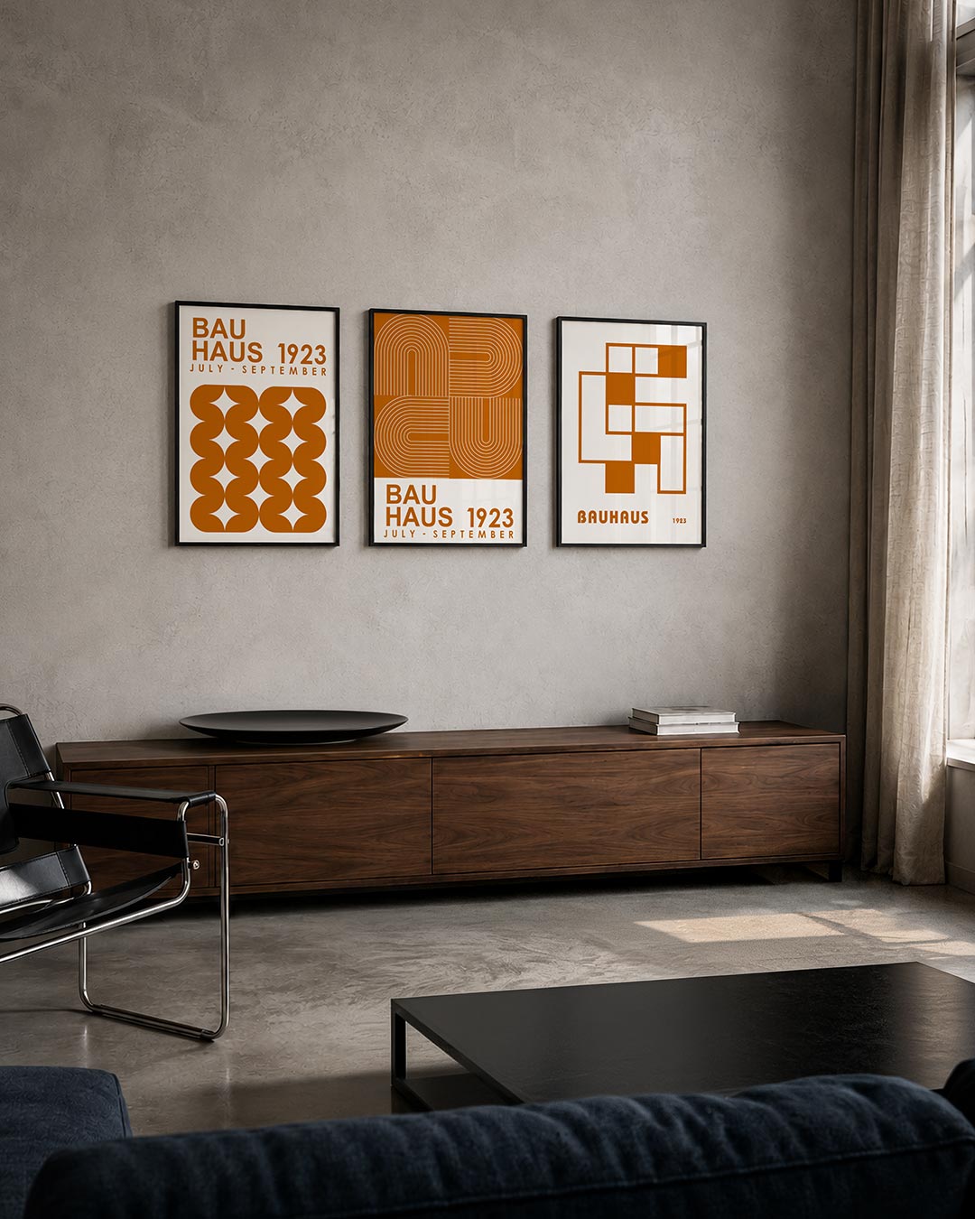 Vorm en ritme posterset – tweede productweergave – deze posterset in drie delen toont een speelse ordening van oranje halve