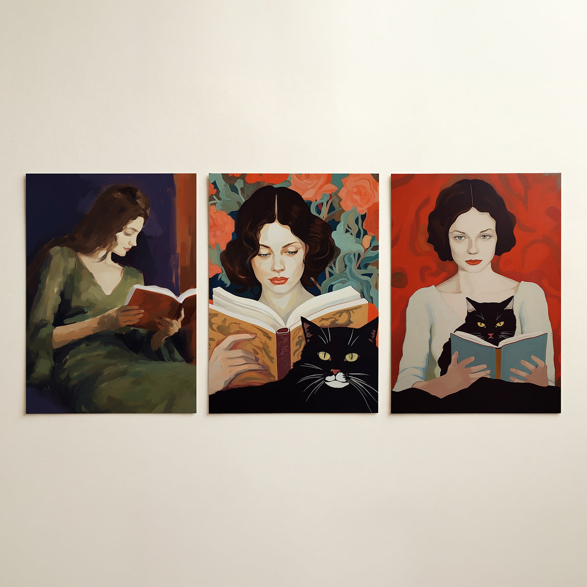 Lezende vrouw driedelige posterset in tweede interieur
