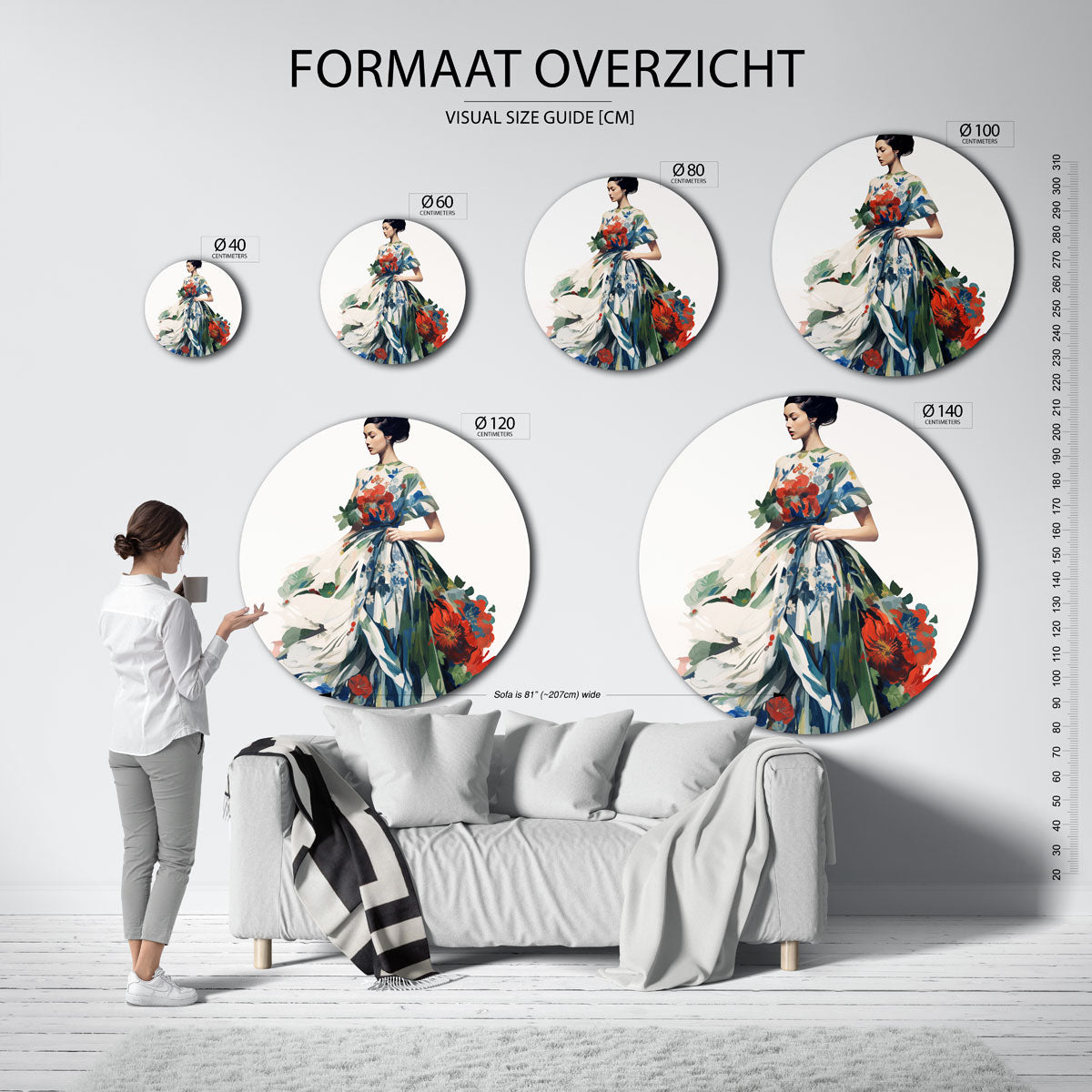Vrouw met bloemenjurk – abstracte wandkunst met textuur als muurcirkel