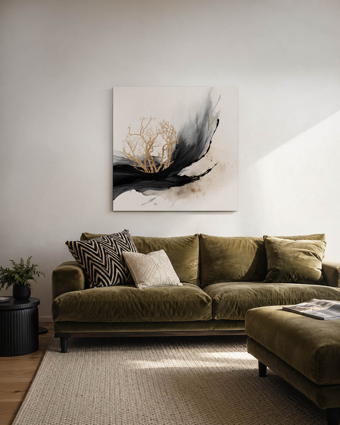 Gouden boom vortex kunstwerk – derde productweergave – dit kunstwerk toont een gouden boom omgeven door vloeiende zwarte en