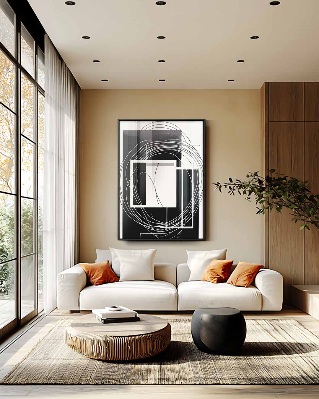 Abstracte Zwart-Wit Harmonie – staande wandkunst voor woonkamer of interieur
