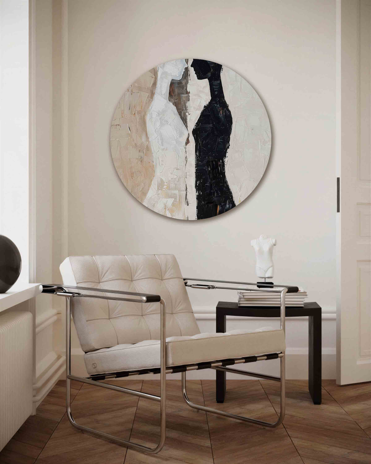 Twee silhouetten – abstracte muurcirkel als ronde wanddecoratie
