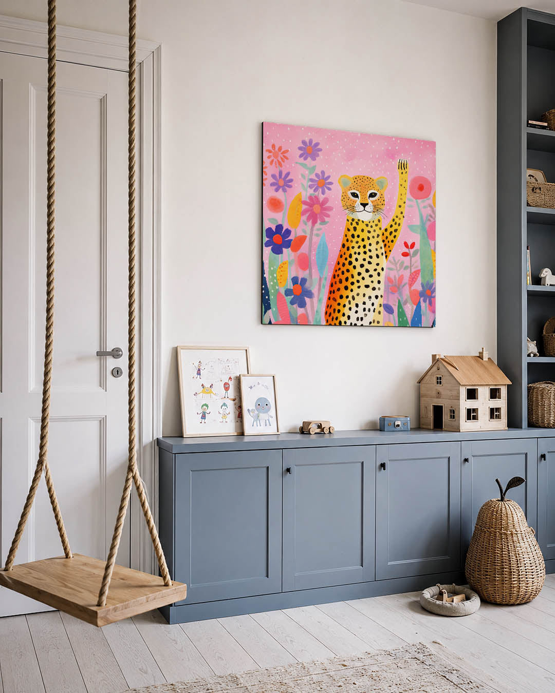 Vrolijke luipaard illustratie kunstwerk – vierkante wanddecoratie – dit werk toont een speelse luipaard omringd door