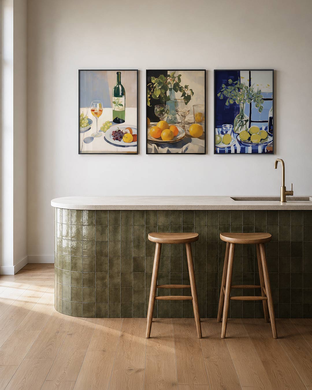 Fruit en wijn posterset – tweede productweergave – een fles en glas wijn met druiven en fruit op een tafel