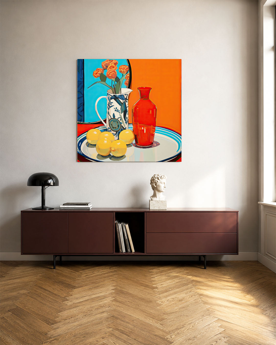 Kleurrijke stilleven compositie kunstwerk – tweede productweergave – dit kunstwerk toont een levendig stilleven met een rode