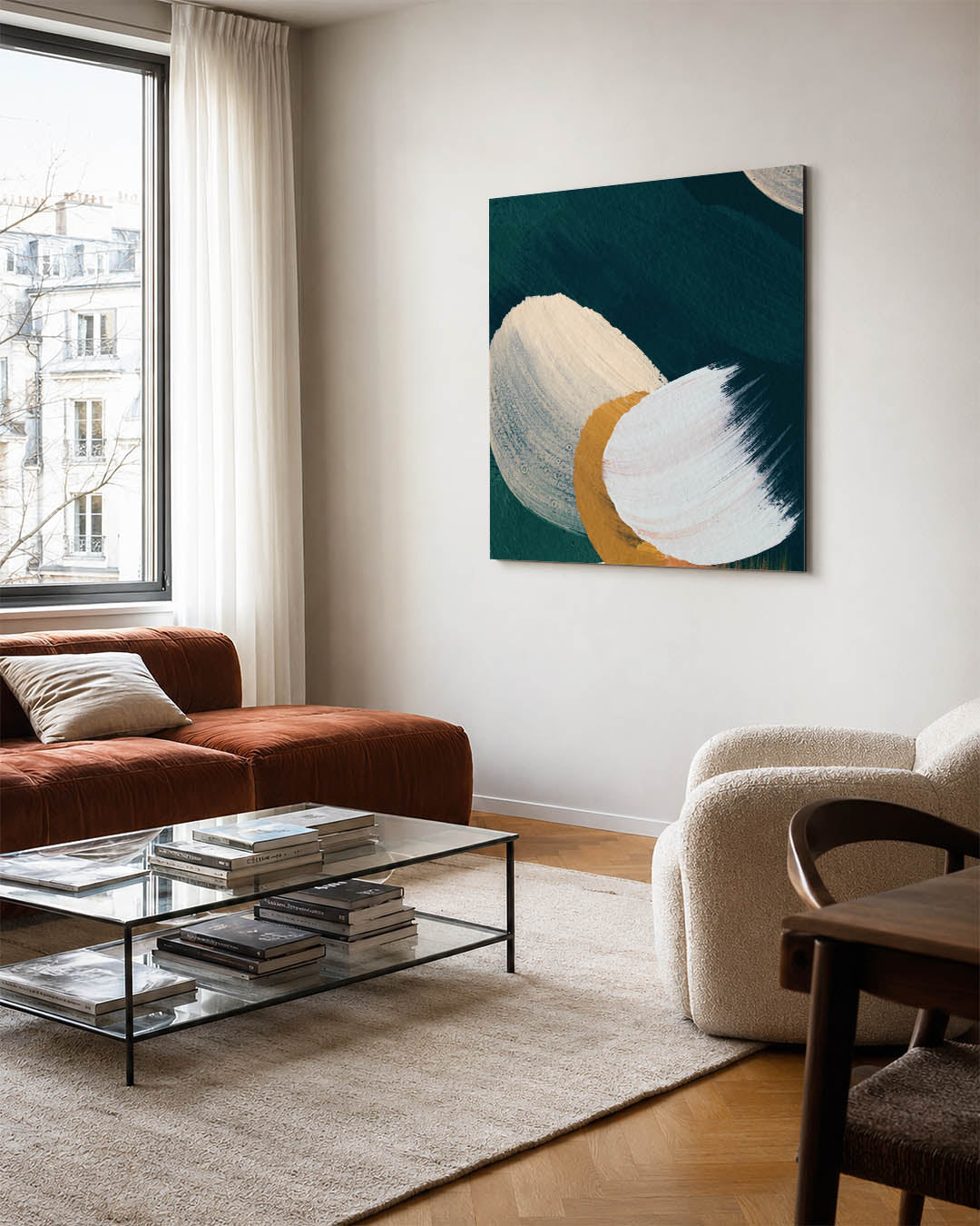 Organische borstelstreken kunstwerk – vierkante wanddecoratie – dit kunstwerk toont vloeiende, overlappende vormen in zachte