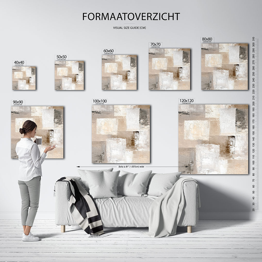 Geometrische texturen kunstwerk – materiaalweergave – dit werk toont een compositie van rechthoekige vormen in zachte tinten.