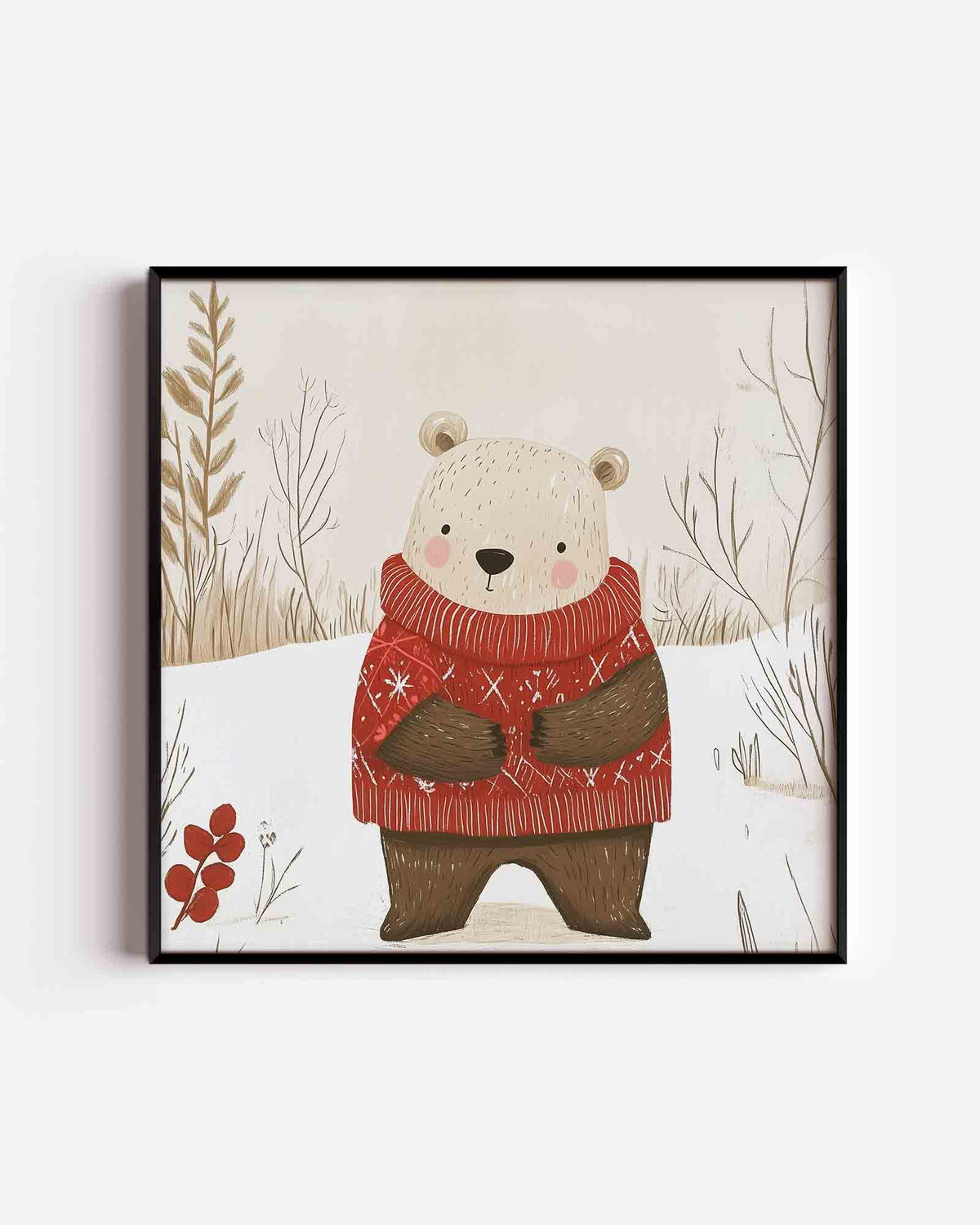 Beer met rode trui – vierkante kinderposter als wanddecoratie