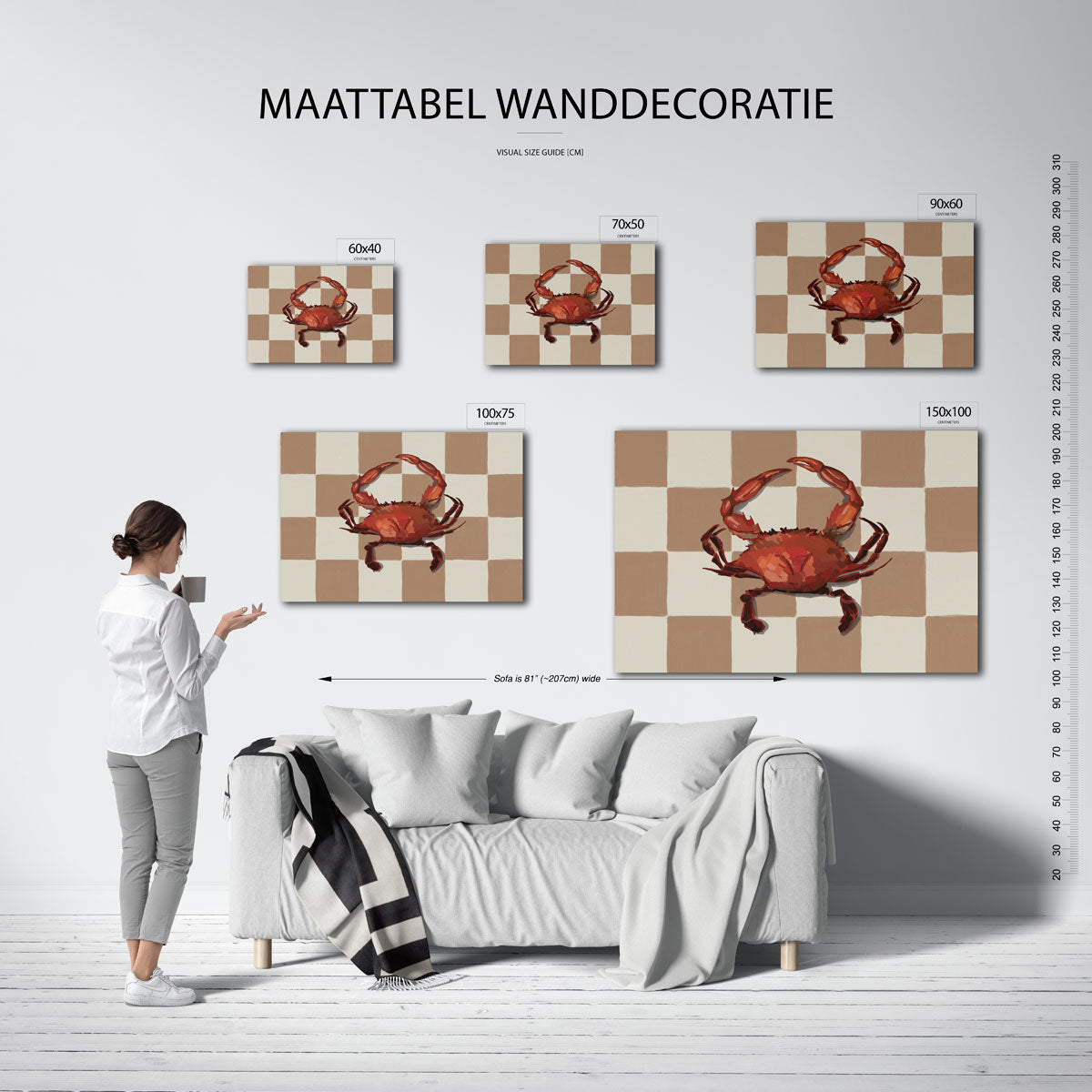 Krab op geruit patroon – kunstwerk op canvas, dibond of plexiglas
