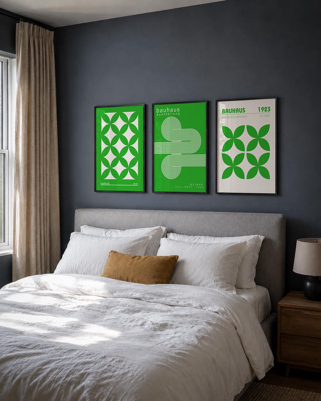 Groene cirkelpatronen posterset – detailweergave – deze posterset in drie delen toont een ritmisch spel van groene
