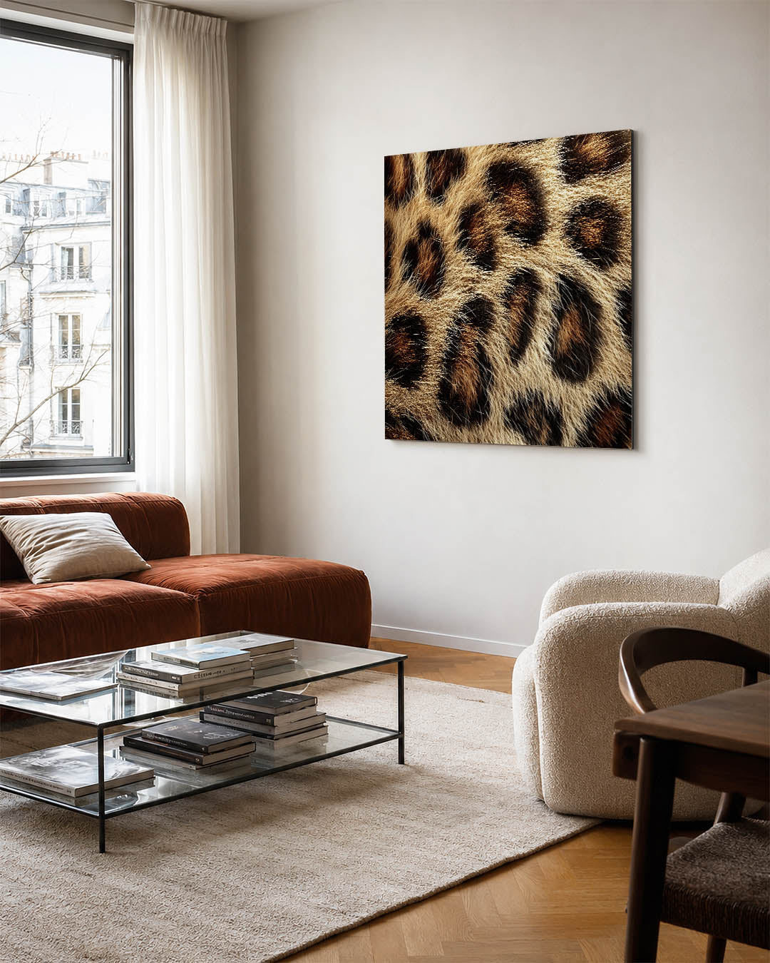 Dierlijke patronen kunstwerk – vierkante wanddecoratie – dit werk toont een patroon van donkere vlekken op een lichte, harige