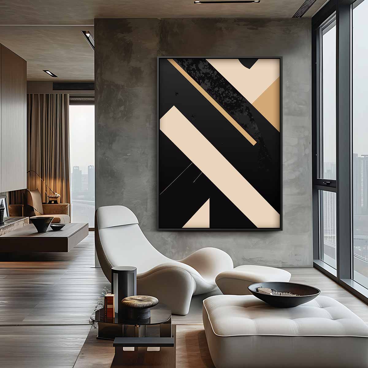 Abstracte Beige Lijnen op Zwart – canvas wanddecoratie in portret formaat