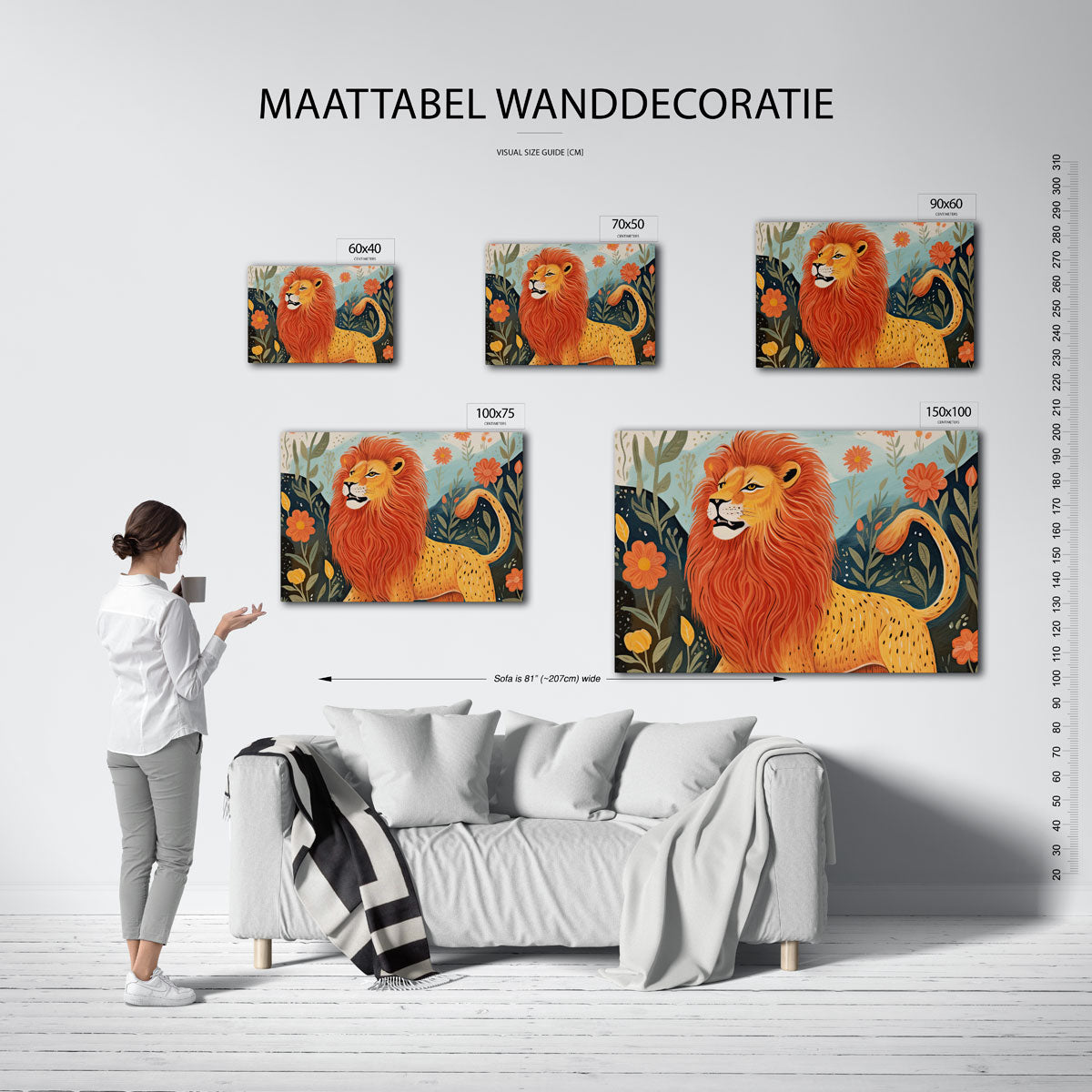 Leeuw in bloemenveld – moderne liggende wanddecoratie
