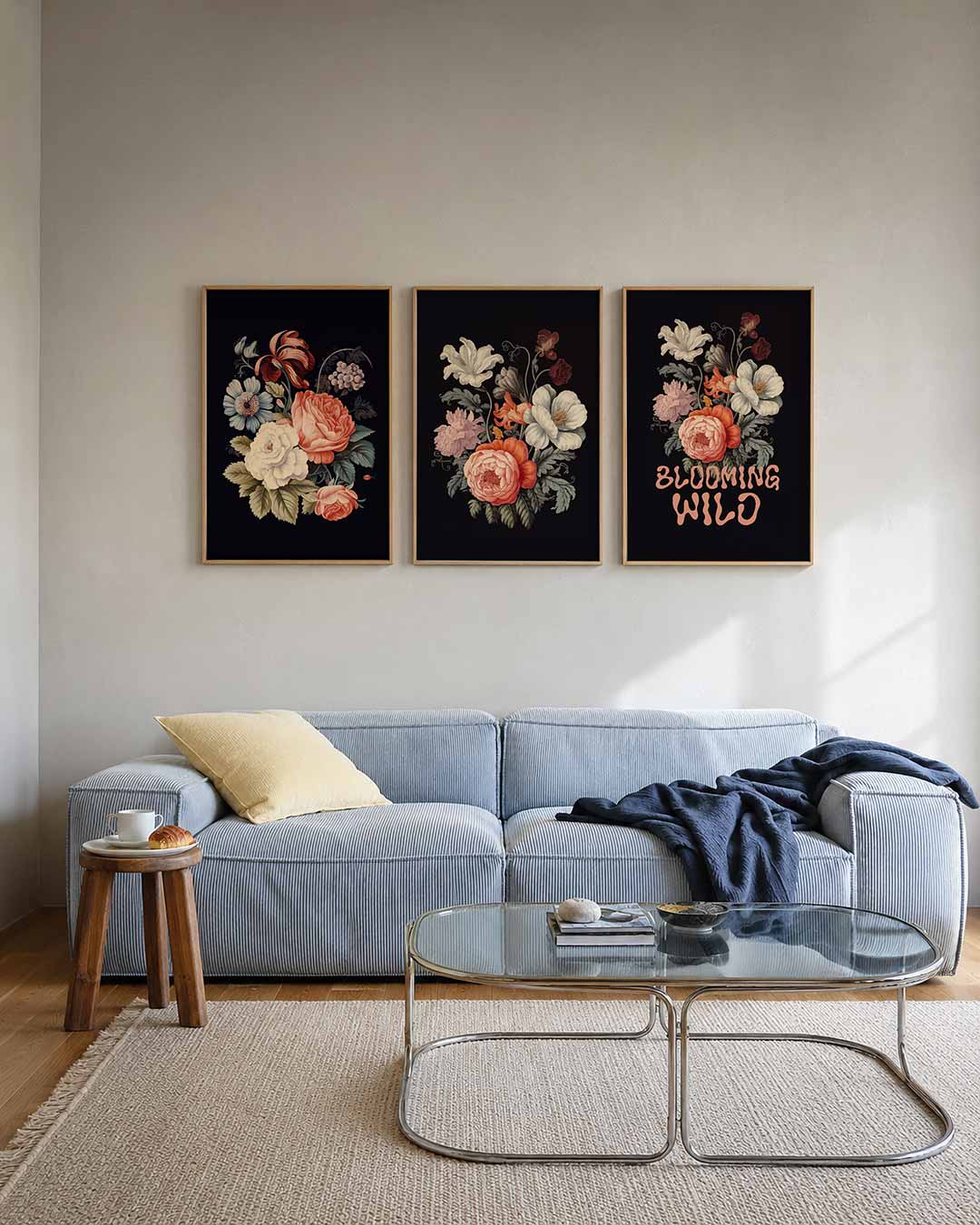 Bloemenpracht posterset – tweede productweergave – een weelderige verzameling bloemen in zachte tinten rood,