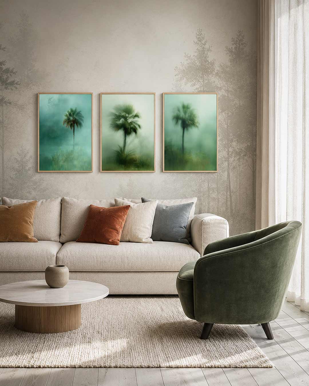 Mistige palm driedelige posterset – een eenzame palmboom staat centraal in een zee van zachte,