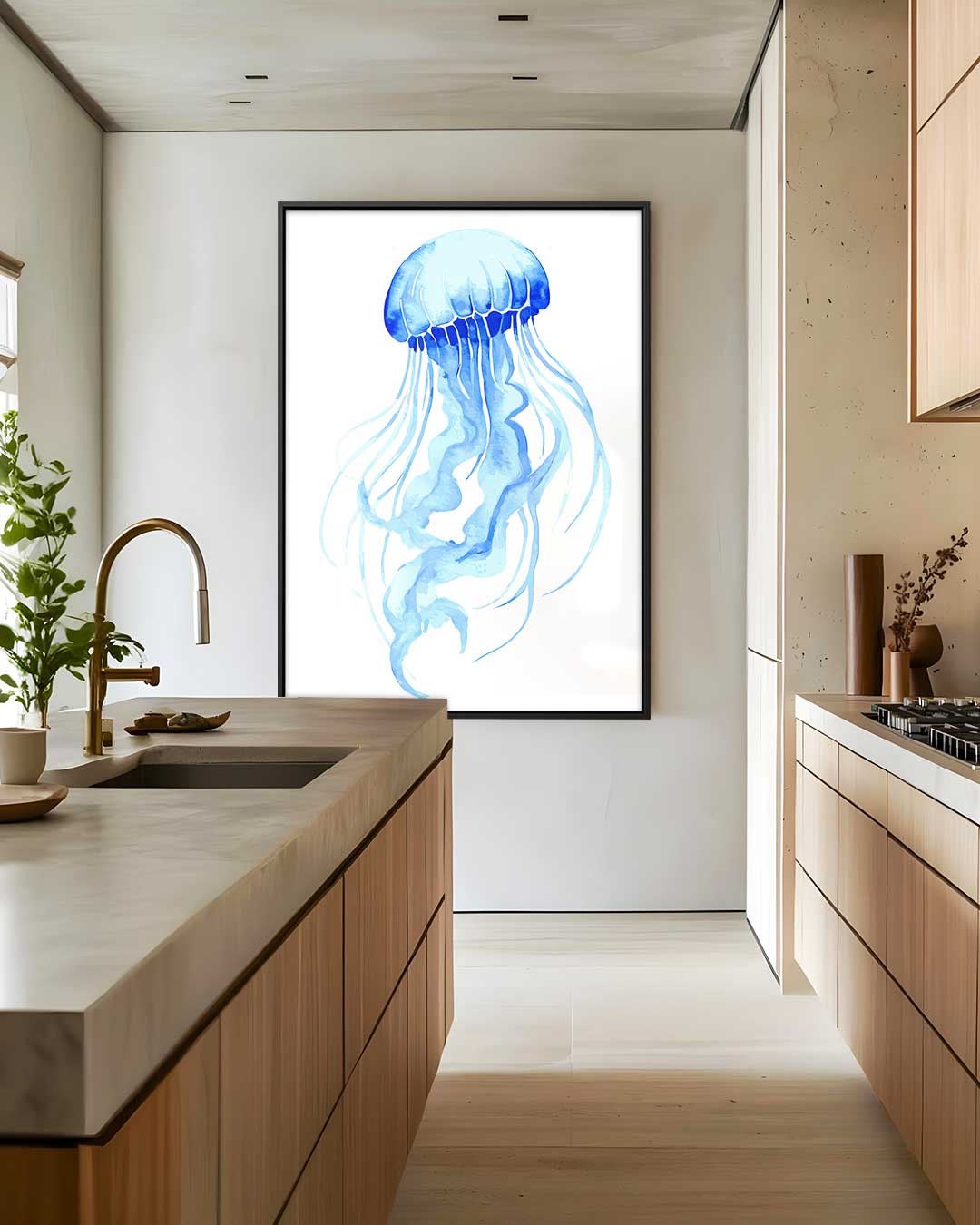 Dromerige Kwallen in Blauw – staand kunstwerk voor modern interieur