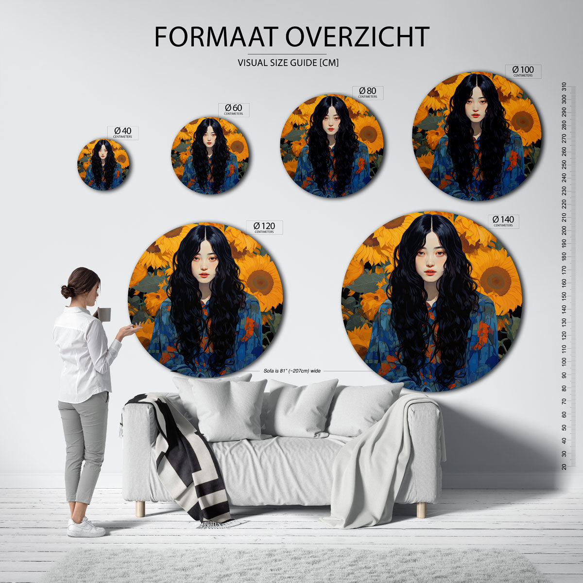 Vrouw met zonnebloemen – abstracte wandkunst met textuur als muurcirkel