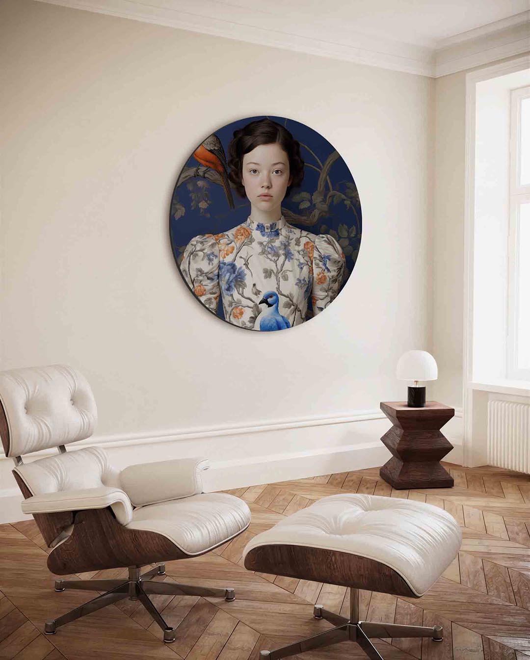Vogels en meisje – moderne ronde wanddecoratie van WallArtistic