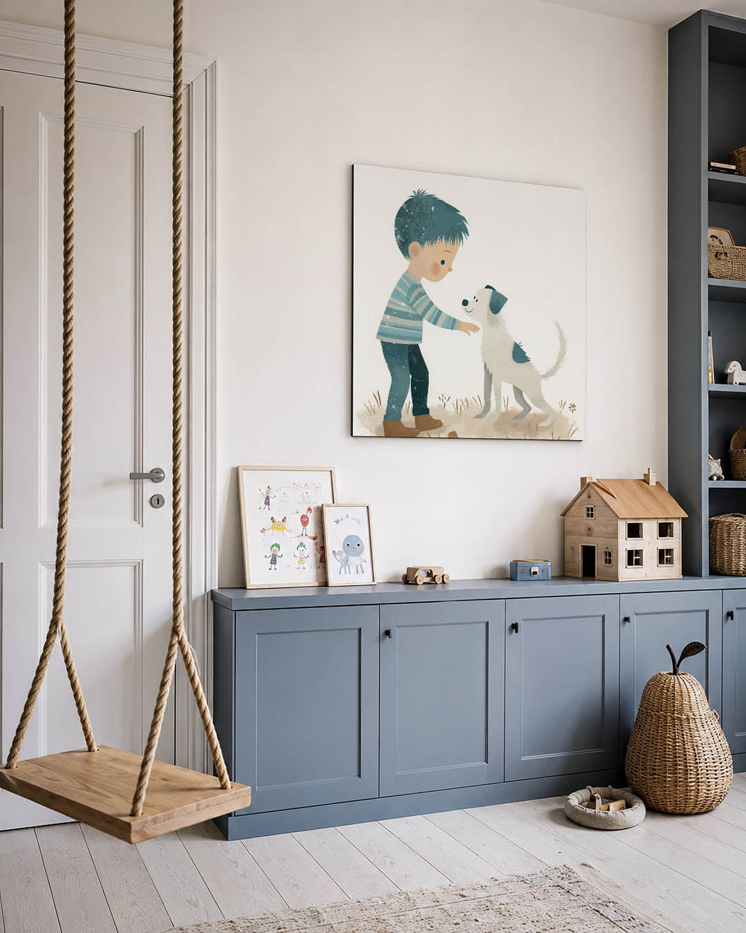Vriendschap kind en hond kunstwerk – vierkante wanddecoratie – een jongen met blauw haar en een gestreept shirt streelt een