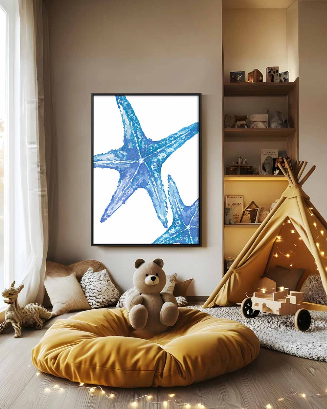 Blauwe zeester close-up – canvas wanddecoratie in portret formaat