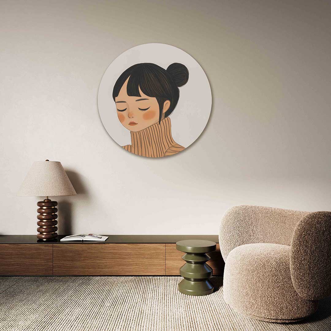 Portret met gesloten ogen – abstracte muurcirkel als ronde wanddecoratie