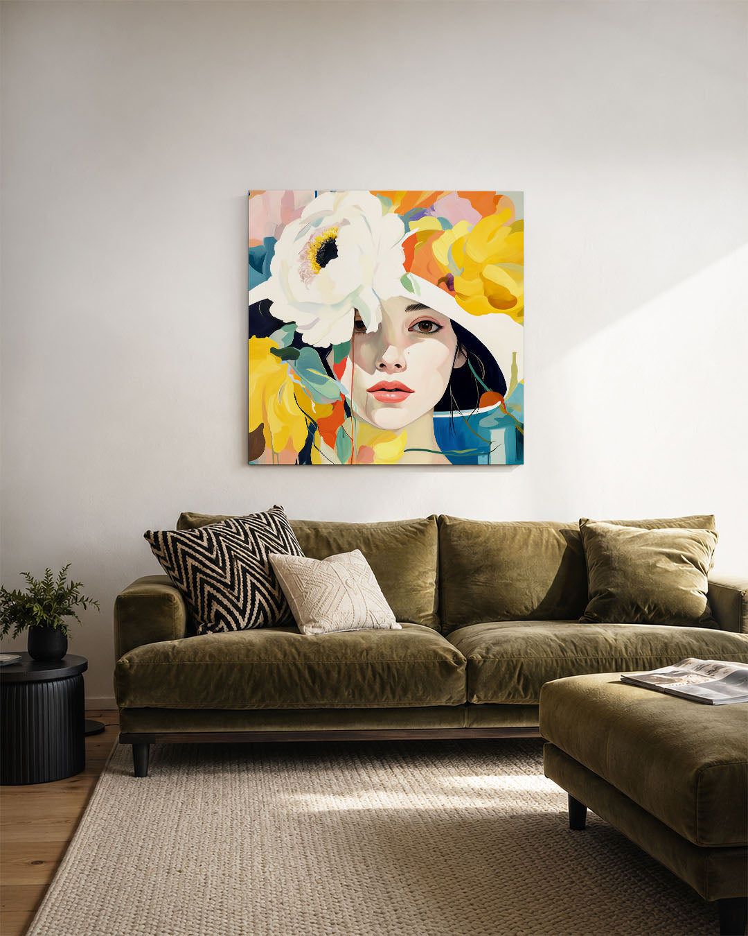 Vrouwelijk bloemenportret kunstwerk – derde productweergave – dit werk toont een vrouwelijk gezicht omringd door grote